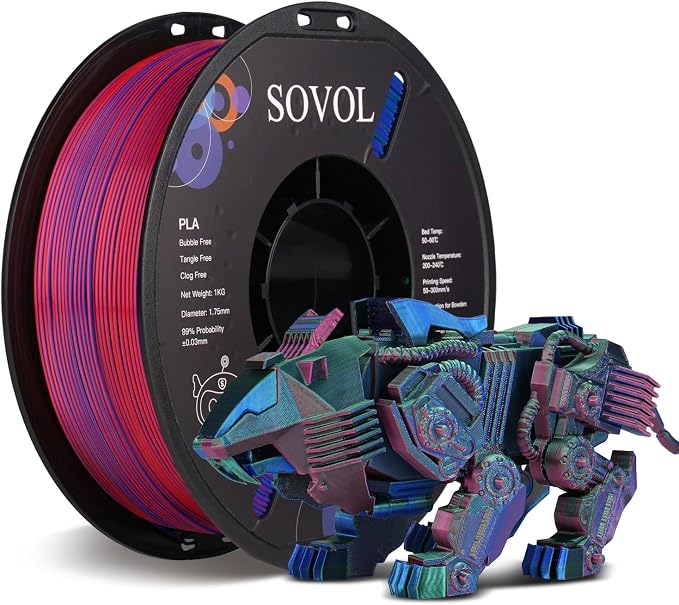 Sovol PLA Filament Silk Tri Color Co-Extrusion 1.75mm, 3D Printer Filament 1kg/ 2.2lbs, Shiny Silk Dark Red Green Blue 3 in 1 Coextrusion PLA Material +/-0.03mm
