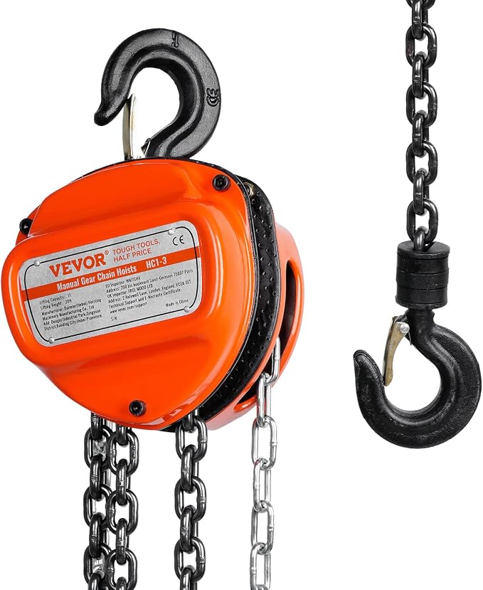 VEVOR Hand Chain Hoist, 1 Ton 2200 lbs Capacity 20 FT Come Along, G80 Galvanized Carbon Steel with Double-Pawl Brake, Auto Chain Leading & 360° Rotation Hook, for Garage Factory Dock