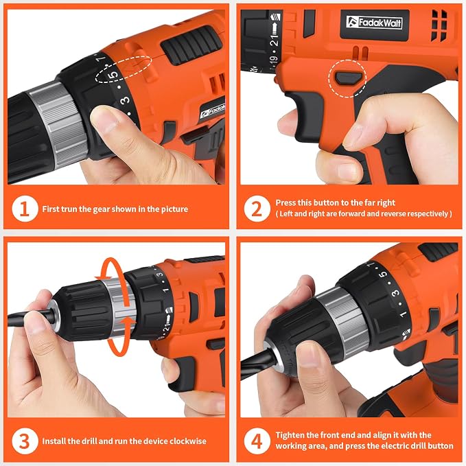 FADAKWALT 20V Electric Power Drill Set, Torque 30N, 21+1 Torque Setting, 3/8-Inch Keyless Chuck, LED Electric Drill Kit, Orange