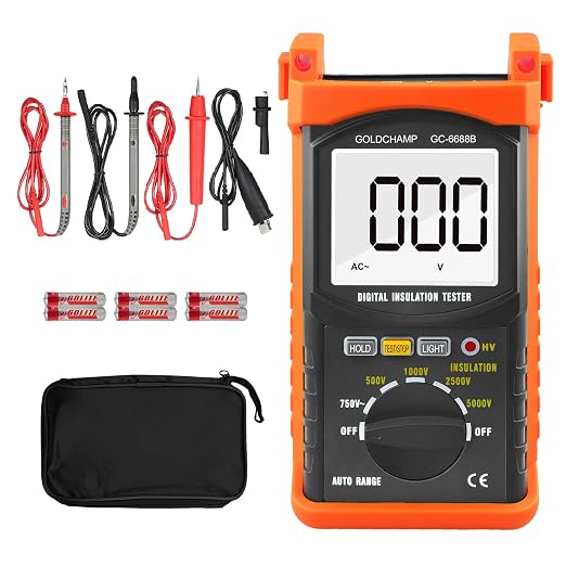 Megohmmeter for Insulation Testing, 200G Ohm Insulation Resistance Tester for Voltage (500V/1000V/2500V/5000V) & Resistance Measurement (1MΩ~200GΩ), Auto Ranging, Backlight Display, Data Hold