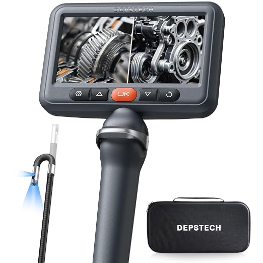 DEPSTECH Dual Lens Borescope Camera with Light, Two-Way Articulating Borescope, 5" IPS Dual View Endoscope with 0.33in Slim Probe, 1080P Waterproof Inspection Camera for Wall Auto Engine Inspect-5FT