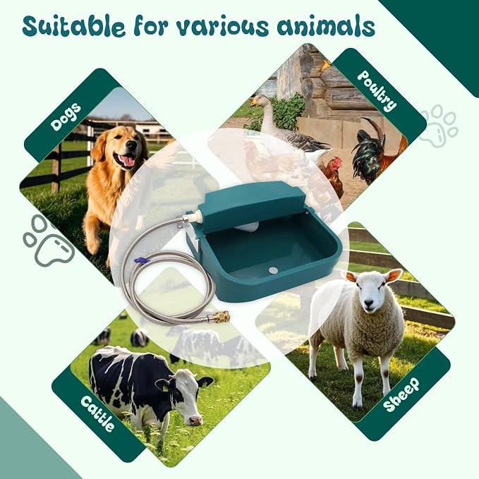 8L Automatic Animal Drinking Water Bowl with Float Valve & Drain Hole, Plastic Self Filling Livestock Water Trough,Large Outdoor Dog Water Dispenser for Chicken,Goat,Horse,Pig,Cow (Bowl&Pipe)