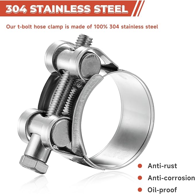 AKIHISA 30Pcs 17-35mm 6Sizes T Bolt Hose Clamps, 304 Stainless Steel Heavy Duty Hose Clamps, Constant Tension Hose Clamp, with M8 and M10 Socket Wrenches
