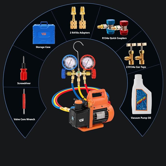 VTG VOGTEN 4.5 CFM AC Vacuum Pump and Gauge Set,for Mini Split/HVAC/Auto Systems,Manifold Gauge Kit Compatible with R134a R12 R22 R502,Includes 3 Hoses, 2 R134a Can Tap,Upgraded Trifold Storage Case