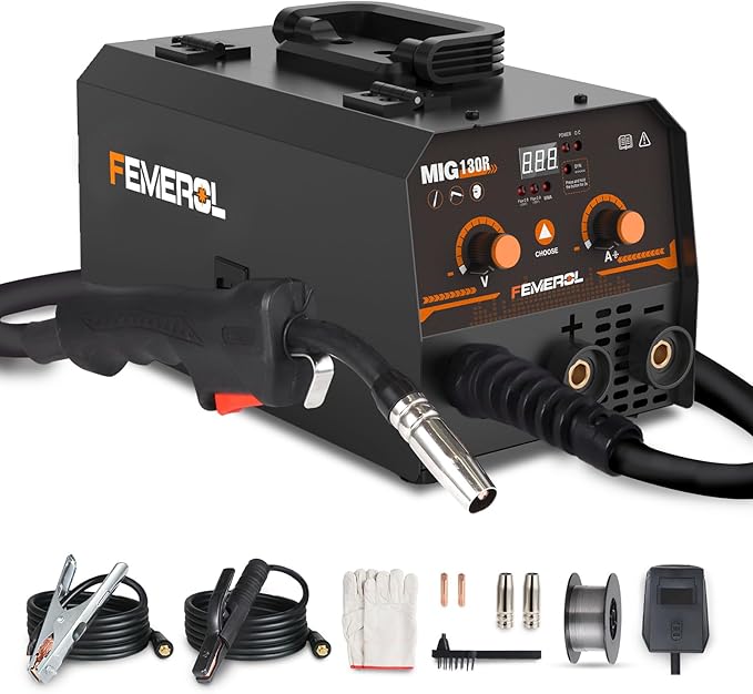 FEMEROL MIG Welder,2 in 1 Flux core/Stick Welder,130Amp 110V Gasless MIG Welding Machine with Synergy IGBT Inverter Welder Portable Wire Feed Welder