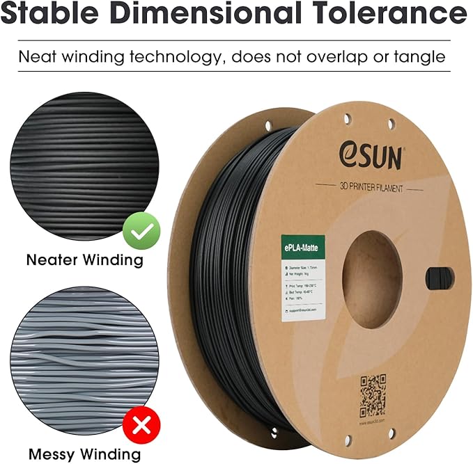 eSUN Matte PLA Filament 1.75mm, Matte 3D Printer PLA Filament, 1KG Spool 3D Printing Filament for 3D Printers, Paper Reel, Deep Black