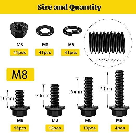 164PCS M8 Flange Head Bolt Assortment Kit,M8-1.25 x 16/20/25/30 mm Metric Flange Hex Bolts Nuts Washers Assorted,10.9 Black Zinc Galvanized
