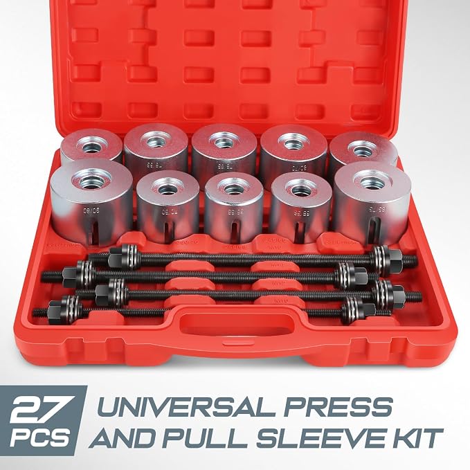 DNA Motoring 27pcs Universal Press and Pull Sleeve Kit, Wheel Bearing/Suspension Bushing Removal Tool Set w/ 22 Adapters (34-80mm ID) & M10-M18 Press Spindles, TOOLS-00783