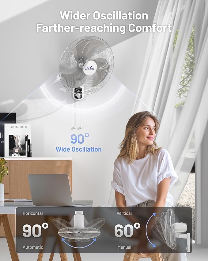 iLiving Glow Oscillating Wall Mount Fan with Adjustable Tilt, 18-inch, 3 Speed, Metal Grille and Blade, 90 Degree Oscillation, Airflow 1650CFM, Ideal for Home, Bedroom, Gym & Office, Greenhouse