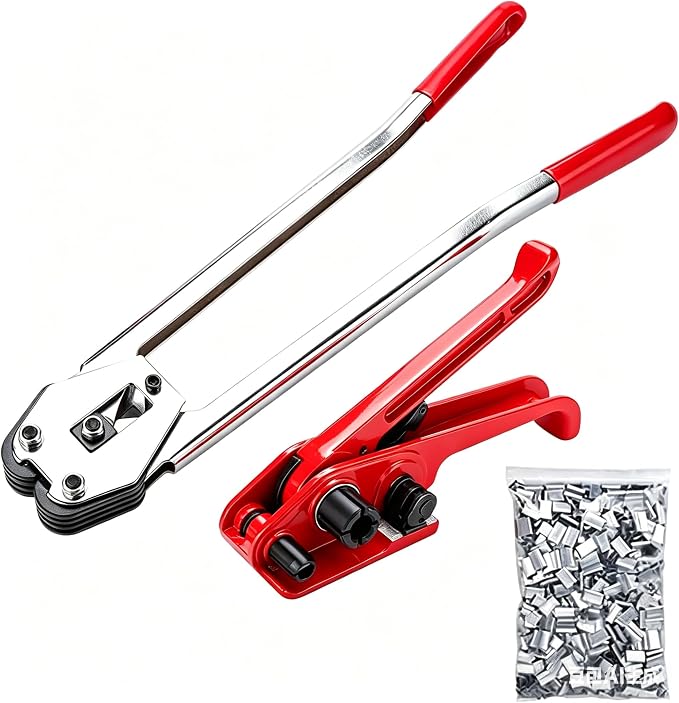 Binding Tool Kit for Strapping - Poly Strapping Tensioner Cutter & Sealer Manual Banding Tool Windlass Set for 1/2"- 3/4" Width Polyester Polyproplyn Strap, with 200 Strapping Seals