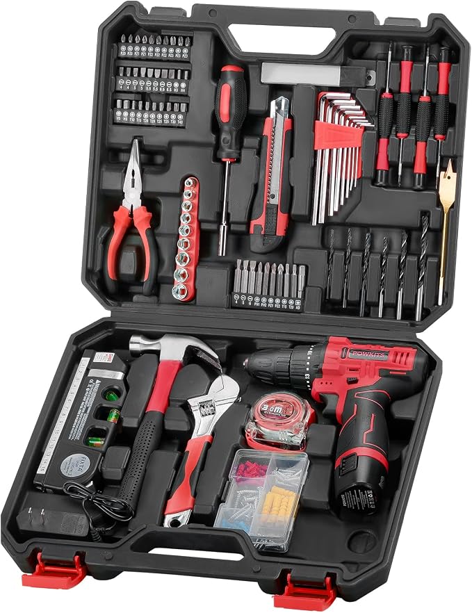 Cordless Drill Tool Set: 12V Power Drill Tool Kit with Battery & Charger, 25+1 Torque Setting, Portable Household Basic Drills Case for Men & Women, 2-Speed Electric Drill Set, 142 Piece, Red