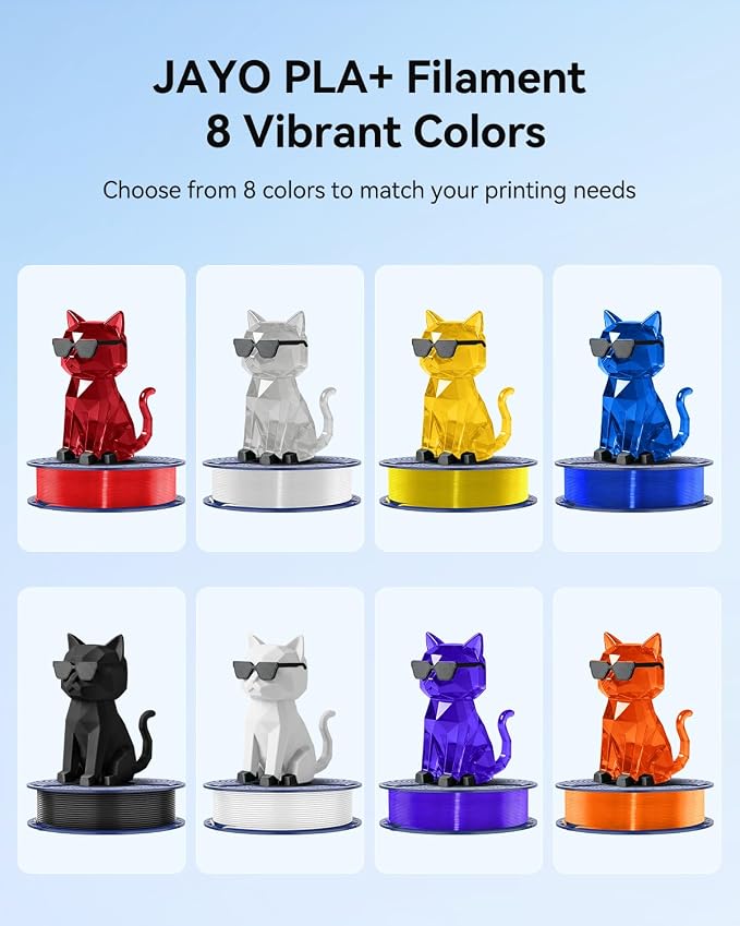 JAYO PLA+ Filament Bundle 1.75mm, 3D Printer Filament Bundle Multicolor, Individually Vacuum Packed, 250g Spool, 8 Pack, 2KG in Total, Black+White+Transparent+Clear(Blue+Red+Orange+Yellow+Purple)