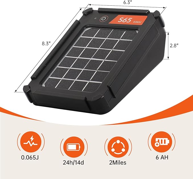 S65 0.065J Solar Electric Fence, 2 Miles Solar Fence Charger for Preventing Bears, Raccoons, Skunks Intruding, Solar Electric Fence Charger with Grounding Rod