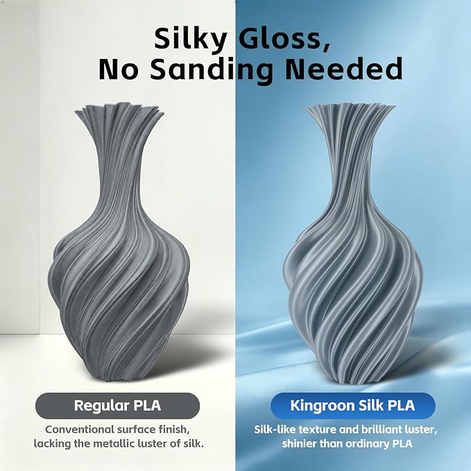 Kingroon Silk PLA 3D Printer Filament, Dimensional Accuracy +/- 0.03 mm, 1 kg Spool(2.2lbs), PLA Shiny Filament 1.75 mm (Silver)