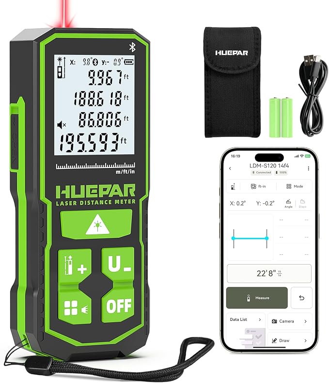 Huepar 200Ft Bluetooth Laser Measuring Tool S60-BT, APP Control, Rechargeable USB-C Laser Distance Meter, ±1/16" High Accuracy, Angle Sensor, IP54, for Distance/Area/Volume, Gifts for Men