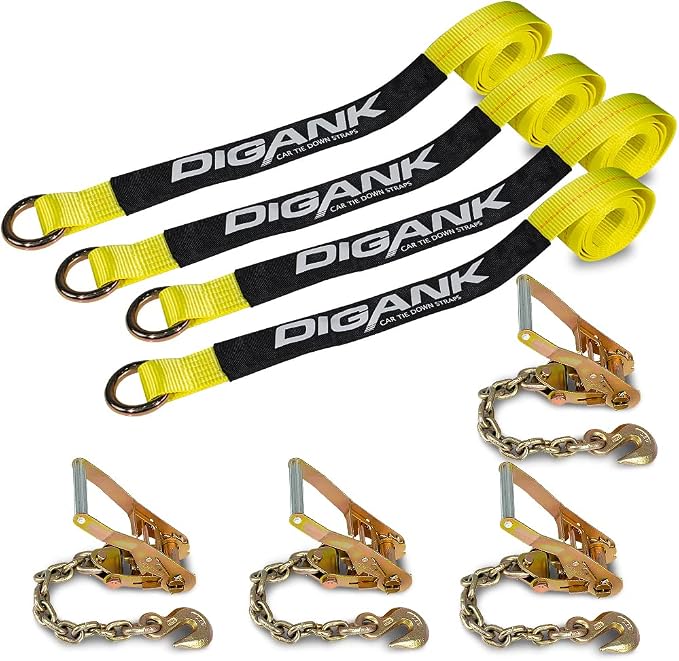 Car Tie Down Straps (4 Pack) for Trailers With Heavy Duty Chain Anchors - 2" x 96" Lasso Style Wheel Strap - 3,300lbs Safe Working Load - Includes 4 Ratchet and 4 Tire Straps