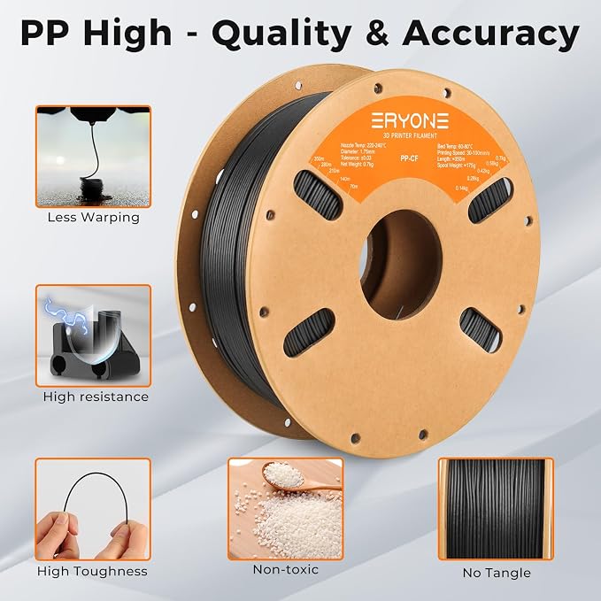 ERYONE Polypropylene Carbon Fiber Filament 1.75mm +/-0.03mm, Semi-Flexible & Ultra Tough, Chemical-Resistant,PP CF 3D Printing Filament, 700g/Spool, Black