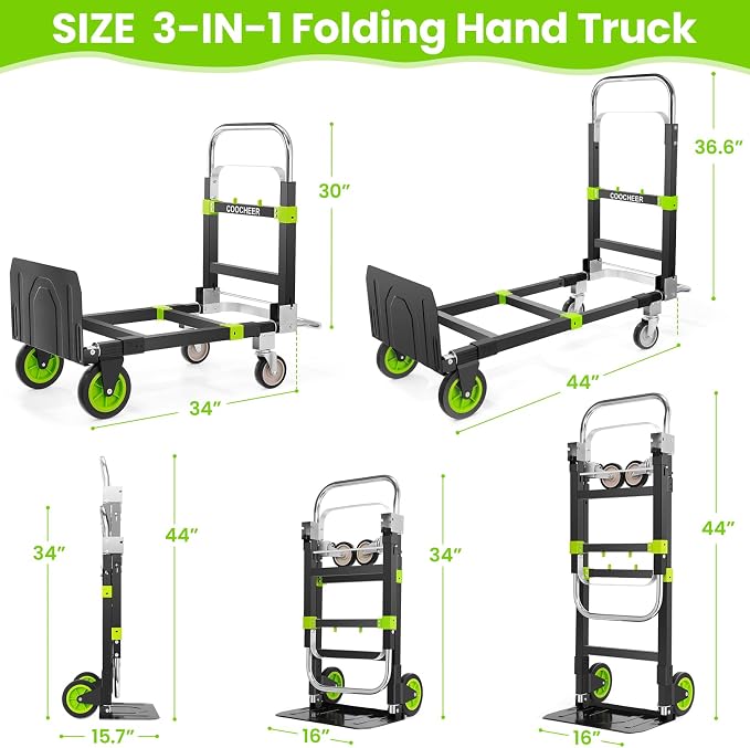 3-in-1 Folding Hand Trucks, 600Lbs Convertible Hand Truck Dolly, Heavy Duty Convertible Dolly with Retractable Handle and 4 Rubber Wheels, Collapsible Cart for Moving Office/Home/Warehous(Green)