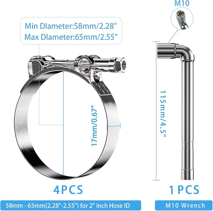 4 Pack 2 Inch T Bolt Hose Clamps 58-65mm, Heavy Duty Stainless Steel Turbo Intercooler Clamps for Truck SUV Intake Radiator
