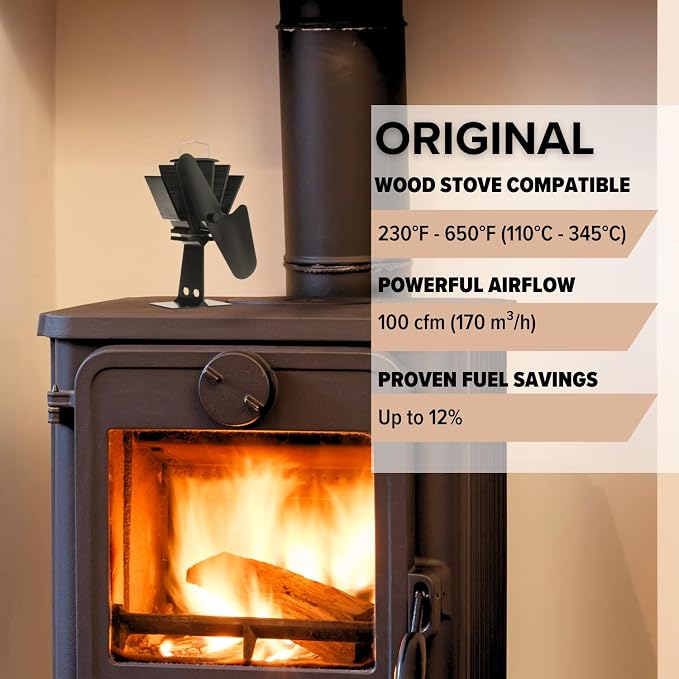 Ecofan Original Heat Powered Stove Fan - Powerful Classic Design, High Performance, Perfect for Wood Stoves, 100 CFM - Circulates Warm Air Efficiently & Reduces Fuel Cost