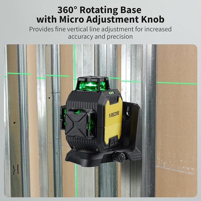 Firecore Laser Level 360 Self Leveling, 1/13" High Accuracy, Rechargeable Green Cross Line Laser for Construction and Picture Hanging, Outdoor Pulse Mode Up To 197ft, Hard Case Included