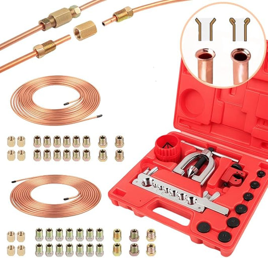 Wostore 25 FT 3/16"+1/4" Copper Coated Brake Line Kit with 44 Brass Fittings & Double/Single Flaring Tool Kit, Complete Brake Line Repair Solution for Cars, Trucks, Motorcycles
