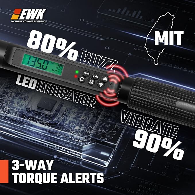 EWK 3/8 Inch Drive Digital Torque Wrench 5-100 ft-lbs (6.8-135 Nm) | IS0 6789, ±1.5% clockwise / ±2.5% counterclockwise, LCD Display, LED Buzzer Vibration Alert, 30 Memory Values