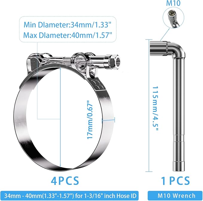 4 Pack 1-3/16 Inch T Bolt Hose Clamps 34-40mm, Heavy Duty Stainless Steel Turbo Intercooler Clamps for Fuel Line Motorcycle Radiator