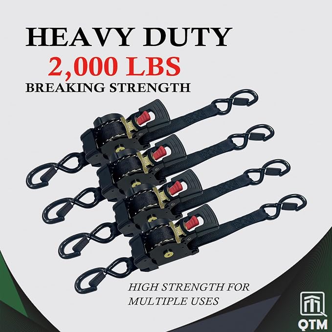 QTM 4-Pack Black Retractable Ratchet Straps 1" x10' with Soft Loops, Heavy Duty, 2,000lbs Breaking Strength, with Storage Bag, Best for Cargo, Truck, Bicycle, Motorcycle
