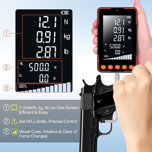 Trigger Pull Gauge, Force Gauge Weight Push Pull 500N Extra Large LCD with N kg lb, Peak & Real Time Auto Peak Modes, Data Software, Calibration Certificate, Digital Trigger Pull Scale