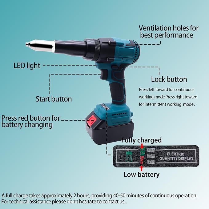 Cordless Rivet Gun 21V with 2 Batteries, Brushless Electric Rivet Gun Kit, Heavy Duty Pop Rivet Tool for Stainless Steel & Aluminum, 3/32" 1/8" 5/32"