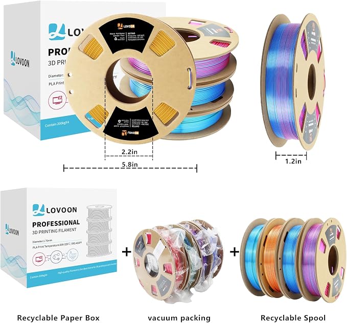LOVOON 3D PLA Filament 1.75mm Bundle, Dual Colors 3D Printer Filament Bundle Color Change Silk PLA Filament Bundle, PLA Filament for 3D Printer 3D Pen, Dimensional Accuracy +/-0.02mm, 200g x 4 Spools