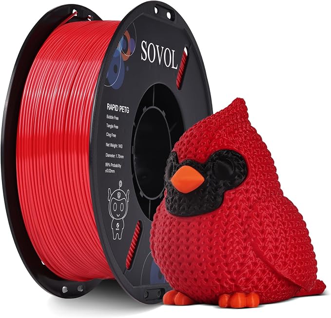 Sovol 3D Printer Rapid PETG Filament 1.75mm 1KG (2.2lbs), High Precision, Strong Toughness, Wiring Tightness, Dimensional Accuracy +/- 0.03 mm, 3D Printing High Speed PETG Filaments, Red