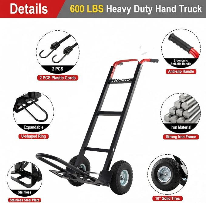 600 lbs Aluminum Hand Truck & Heavy Duty Dolly for Moving, Industrial Utility Cart with 10-Inch All-Terrain Pneumatic Tires, Secure Transport in Warehouse and Residential Use