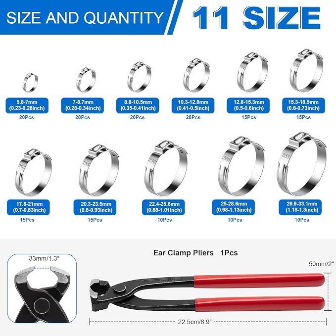 170PCS Single Ear Hose Clamps,11Sizes 5.8-33.1mm 304 Stainless Steel Stepless Hose Pex Crimp Cinch Rings Assortment Kit with Ear Clamp Pincer for Auto, Home, Pipe, Plumbing, Fuel Line, Garden