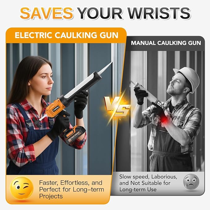 This Hill Cordless Electric Caulk Gun, 10oz Dripless Silicone Hand Caulking Gun with 2 x 2000mAh Batteries, 4 Adjustable Speeds, Built-in LED Light, 9Pcs Caulking Tool Kit for Sealing Filling