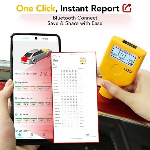 Paint Thickness Gauge for car with APP, One-Click Vehicle Report Al/Fe/Non-Metal Auto Detection, Dual Display 0–5000μm Car Paint Thickness Tester Pen(Ruby Probe)