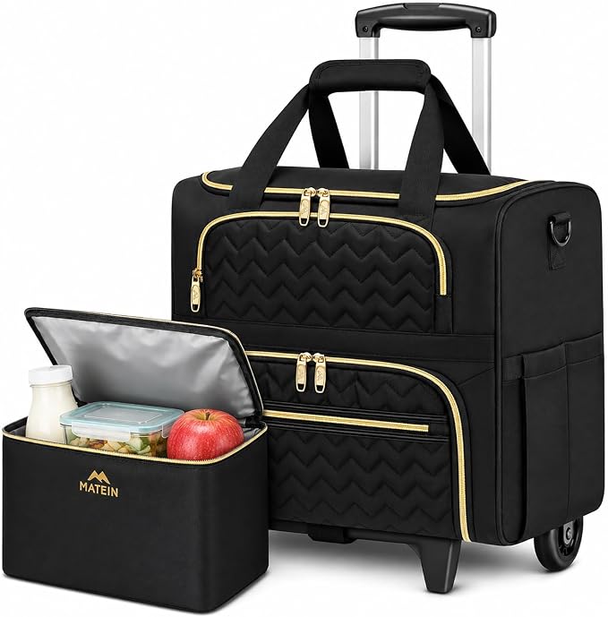 MATEIN Rolling Laptop Bag for Women, 15.6 Inch Rolling Briefcase with Wheels &Detachable Cart, Roller Computer Teacher Tote Bag with Insulated Lunch Box for Nurse Work Business Office, Deep Black