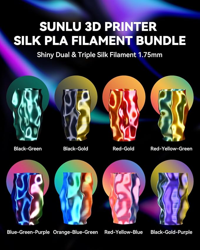 SUNLU 3D Printer Filament Bundle, PLA Silk Rainbow Filament Multicolor, Fast Color Change Each 8 Meters, Individually Vacuum Packed, 250g Spool, 8 Rolls, 2kg Total, 6 Silk Rainbow+Light Gold+Silver
