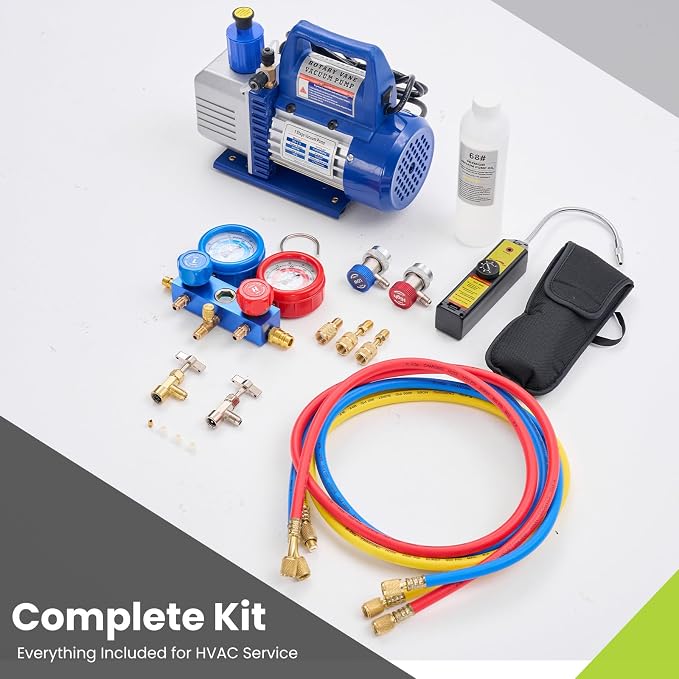 OLIXIS 110V 1/3 HP 4CFM Single Stage Vacuum Pump Kit with R134a Manifold Gauge Set, Leak Detector, 1/4" Hoses & Carry Bag for HVAC AC Refrigeration, ETL Listed, Blue
