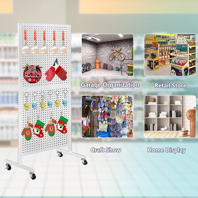 NectaCol 2'x 5' Standing Pegboard Display with T-Base, Pegboard Display Stand with Wheels, Metal Peg Board Display Rack, Art Display Stand, Extra 10 Pieces Hooks - White