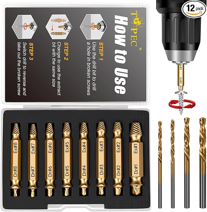 Topec 12 PCS Stripped Screw Extractor Set, Gift for Men, Easy Out Screw Extractor Set and Drill Bits for Remove Stripped, Rusty, Broken Head Nuts & Bolts
