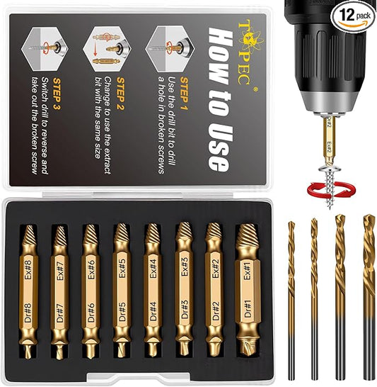 Topec 12 PCS Stripped Screw Extractor Set, Gift for Men, Easy Out Screw Extractor Set and Drill Bits for Remove Stripped, Rusty, Broken Head Nuts & Bolts