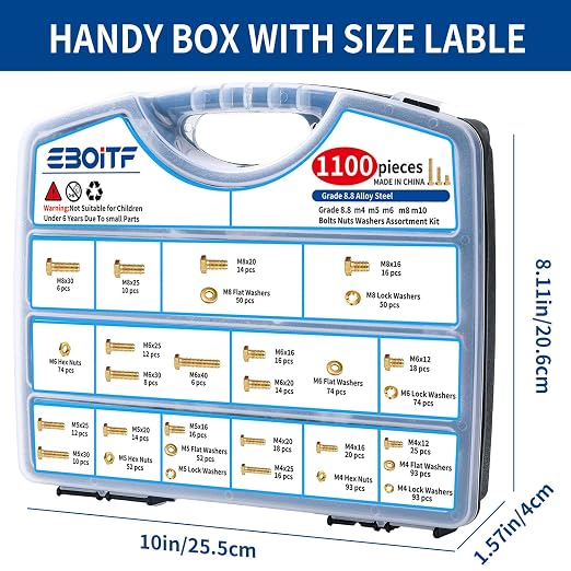 1100cs Grade 8.8 Metric Bolts and Nuts Assortment Kit, M4, M5, M6, M8, M10 Heavy Duty Hex Bolts and Nuts Kit, Assorted Nuts, Bolts, Flat & Lock Washers, Yellow Zinc Plated, Length from 12-40 mm