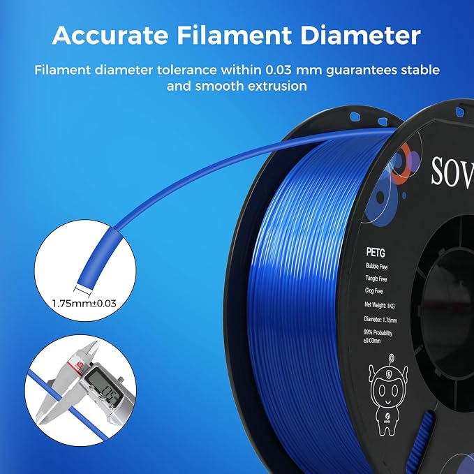 Sovol 3D Printer PETG Filament 1.75mm 1KG (2.2lbs), High Precision, Strong Toughness, Wiring Tightness, Dimensional Accuracy +/- 0.03 mm, 3D Printing PETG Filaments, Blue