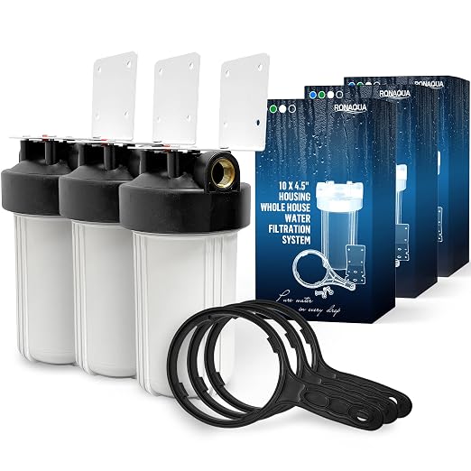 High Capacity 10 x 4.5” Whole House Filter Purifier System for Well or City Water, Presser Relief Button, 1” NPT Brass Port, Double O-Ring, Meets NSF Standards & Regulations (White, 3 Sets)
