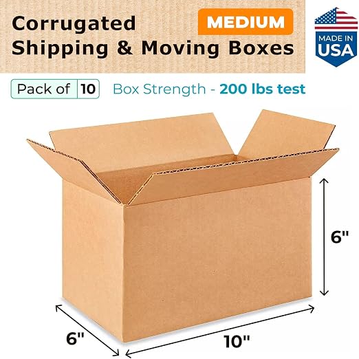 Medium Moving & Shipping Boxes 10x6x6 inches (10-Pack) - Extra Strength 200 lb vs Regular - USA-Made Corrugated Packing Boxes for Delivery - Durable Cardboard Medium Shipping Box by IDL Packaging