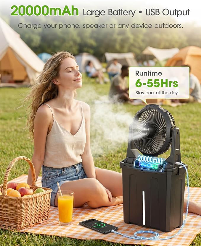 Ausic 2026 Upgraded 10″ 9L Oscillating Portable Misting Fan With Light, [Max 55Hrs] Golf Cart Mister Fan for Outside Patios, Outdoor Rechargeable Battery Operated Water Cool Fan-3 Spray Misters