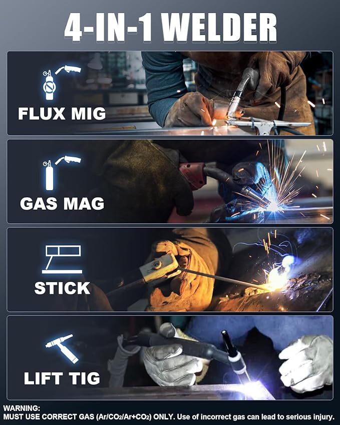 AZZUNO 145A MIG Welder 110V/220V, 4-in-1 MIG Welding Machine with Gas/Gasless Flux Core MIG, Lift TIG, Stick, Synergic Wire Feed Welding Machine for Beginners, Home DIY, Automotive Repair Projects