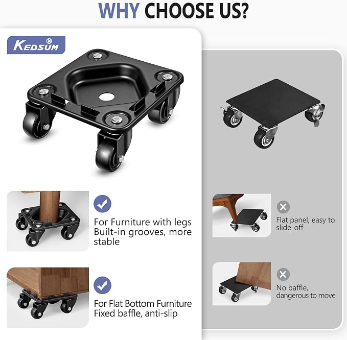KEDSUM Furniture Dolly Groove Design, Heavy Duty Furniture Movers with Wheels, Carbon Steel Panel Heavy Duty Dolly, Furniture Lifter with 360° Rotatable Universal Wheels, Max. Load 2000LBS